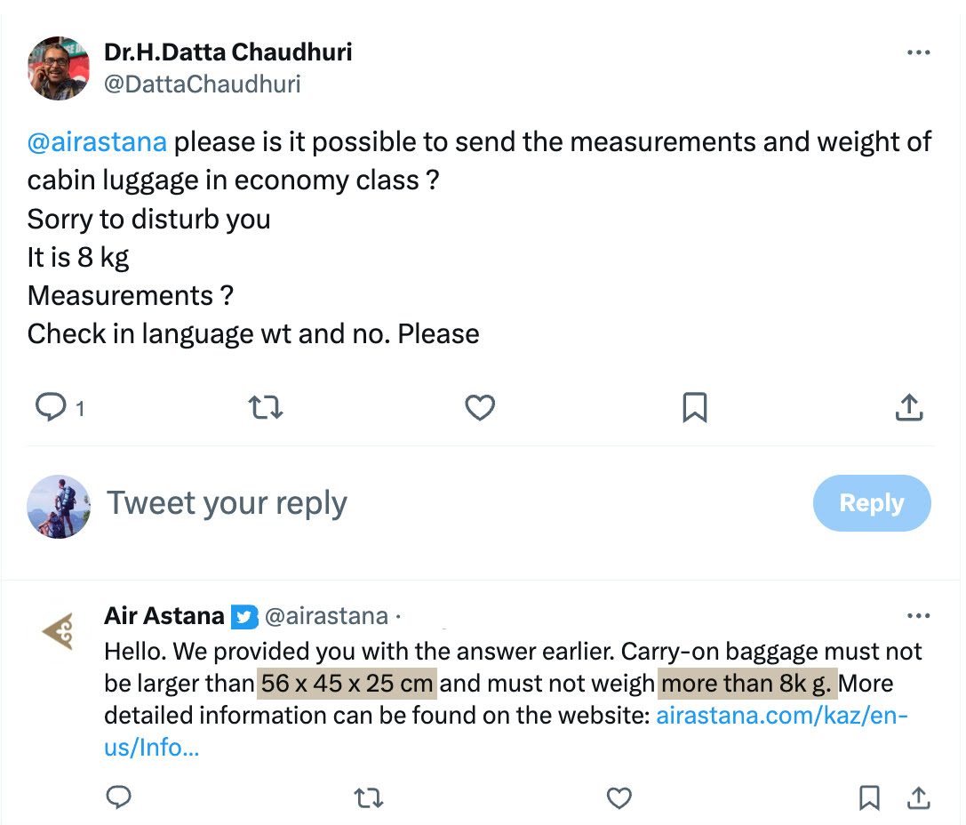 Screenshot from X for an exchange between Dr. H. Datta Chaudhuri and Air Astana. Dr. Chaudhuri asks for the cabin luggage size and weight limits for economy class, stating the weight is 8 kg and requesting the measurements, as well as check-in baggage weight and number. Air Astana replies that carry-on baggage must not exceed 56 x 45 x 25 cm and must not weigh more than 8 kg.