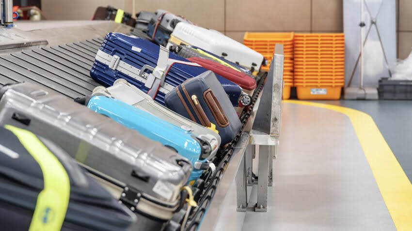 A row of various suitcases moving along an airport baggage carousel, with hard-shell luggage in different colors including blue, silver, and red.