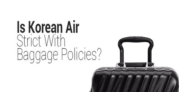 "Is Korean Air Strict With Baggage Policies?" next to the handle of a black hard-shell suitcase on a white background.