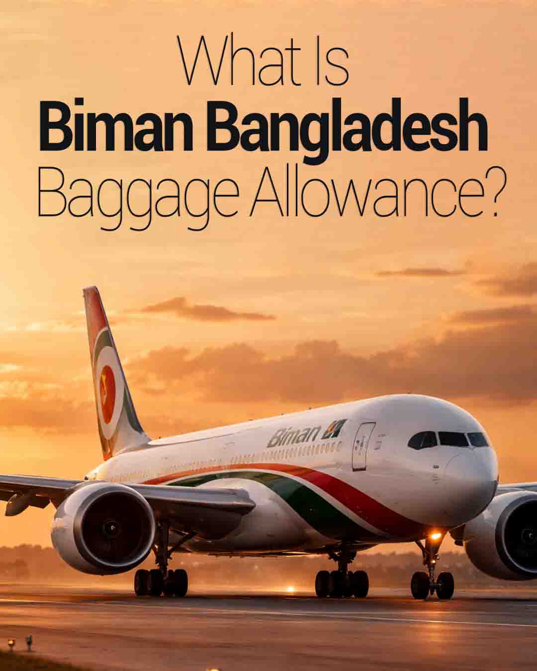  Biman Bangladesh Airlines plane on a runway at sunset, with text “What Is Biman Bangladesh Baggage Allowance?” 