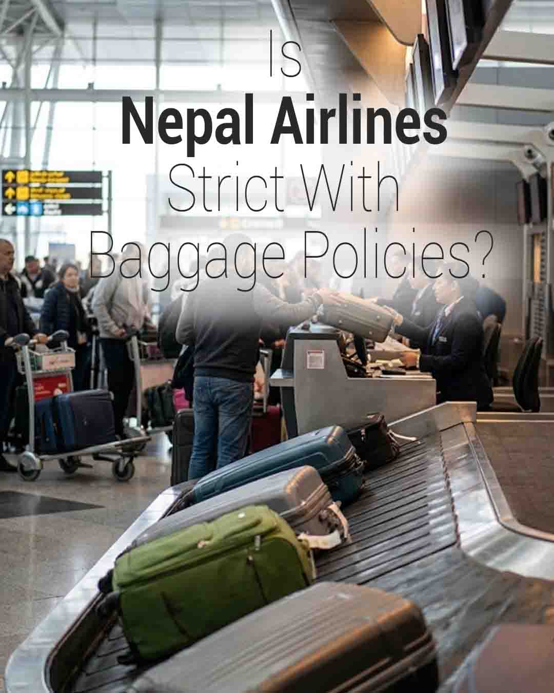 Passengers checking in luggage at an airport counter with suitcases on a conveyor belt, illustrating Nepal Airlines baggage policy rule