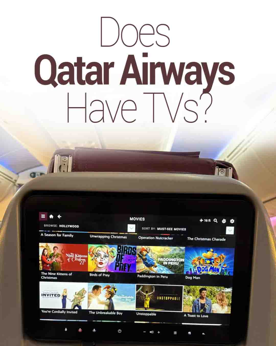 in-flight entertainment screen in the back of an airplane seat, displaying a "MOVIES" browse menu. Text overlay at the top reads, "Does Qatar Airways Have TVs?"