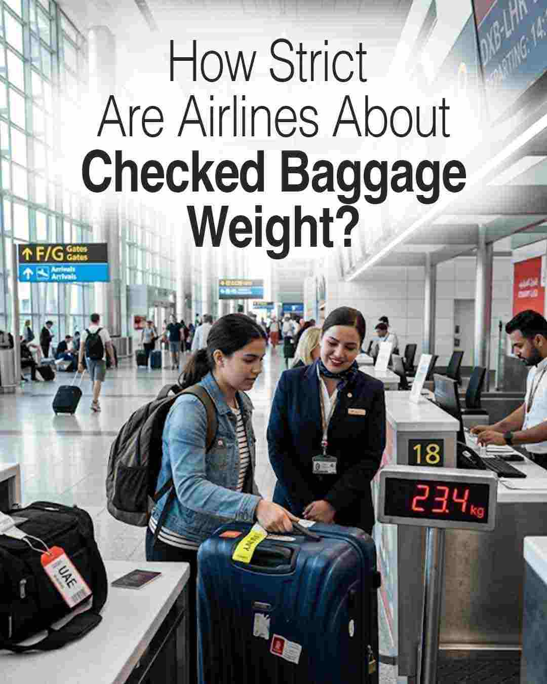 Traveler placing a suitcase on an airport check-in scale showing 23.4 kg while an airline agent assists