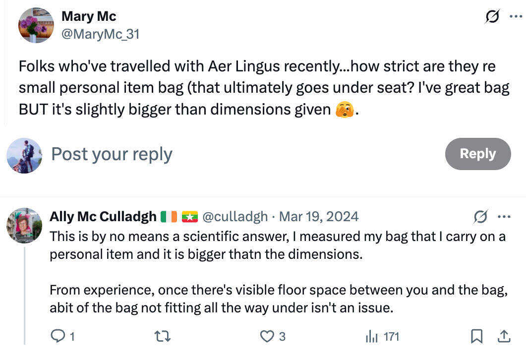 Traveler asking on X about Aer Lingus personal item bag size rules and whether slightly oversized bags are allowed