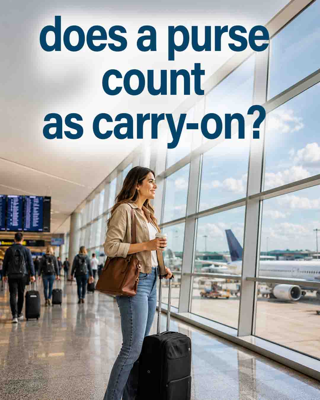 Traveler with a purse and carry-on suitcase standing in an airport terminal near large windows overlooking airplanes.