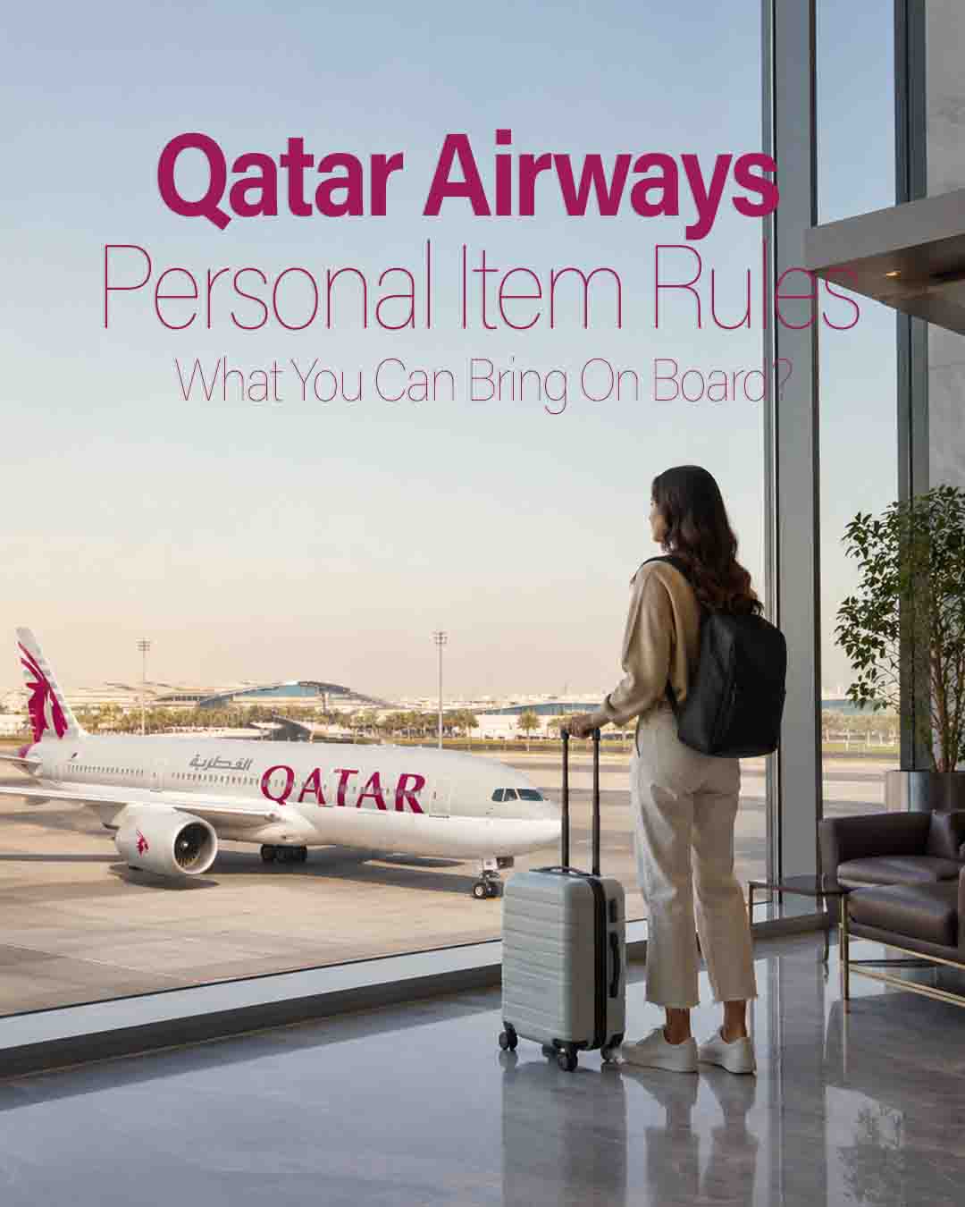 Traveler with a backpack and carry-on suitcase overlooking a Qatar Airways airplane from an airport terminal