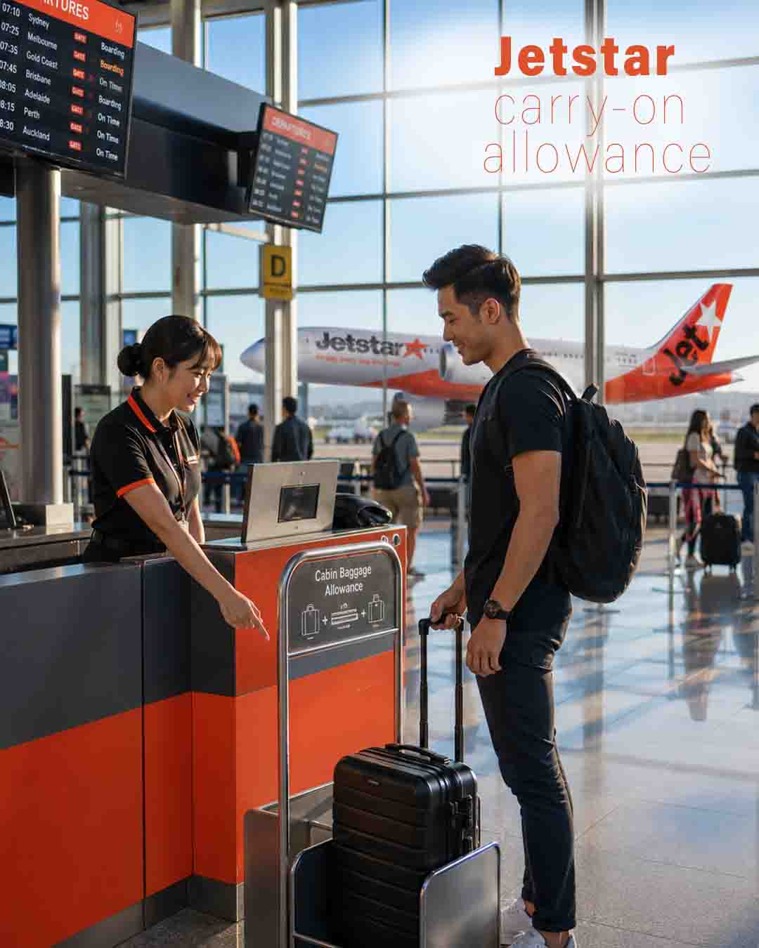 Traveler checking carry-on luggage size at a Jetstar airport check-in counter