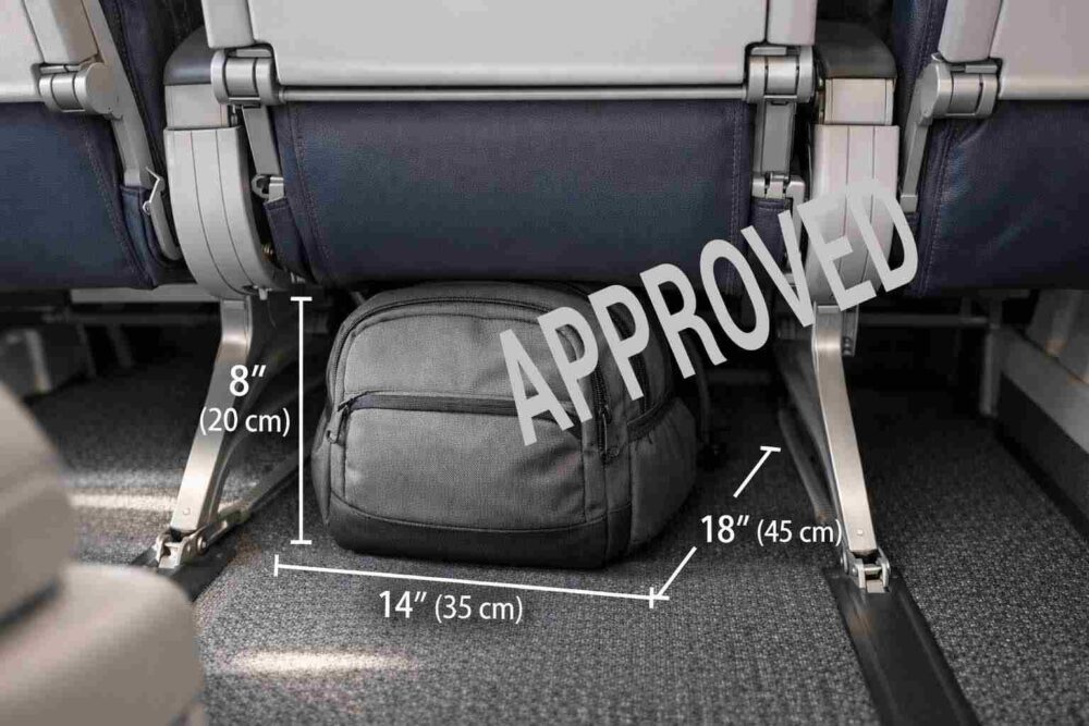 Gray backpack fitting under an airplane seat, dimensions labeled 14 x 18 x 8 inches (35 x 45 x 20 cm)
