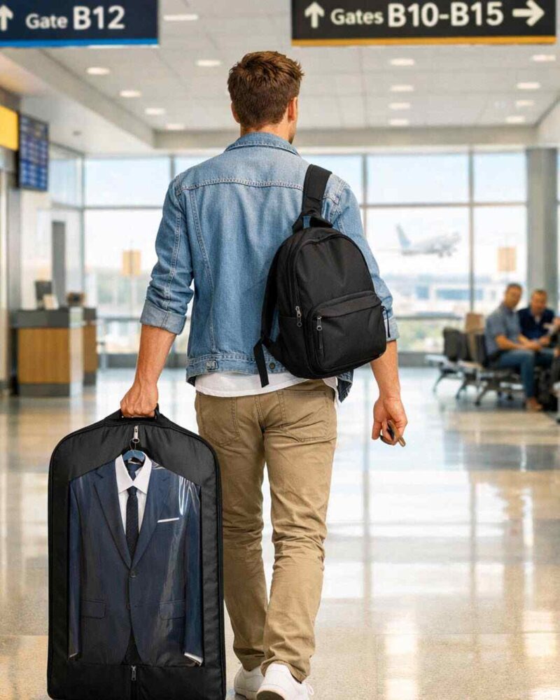 Traveler carrying a garment bag as carry-on luggage at the airport