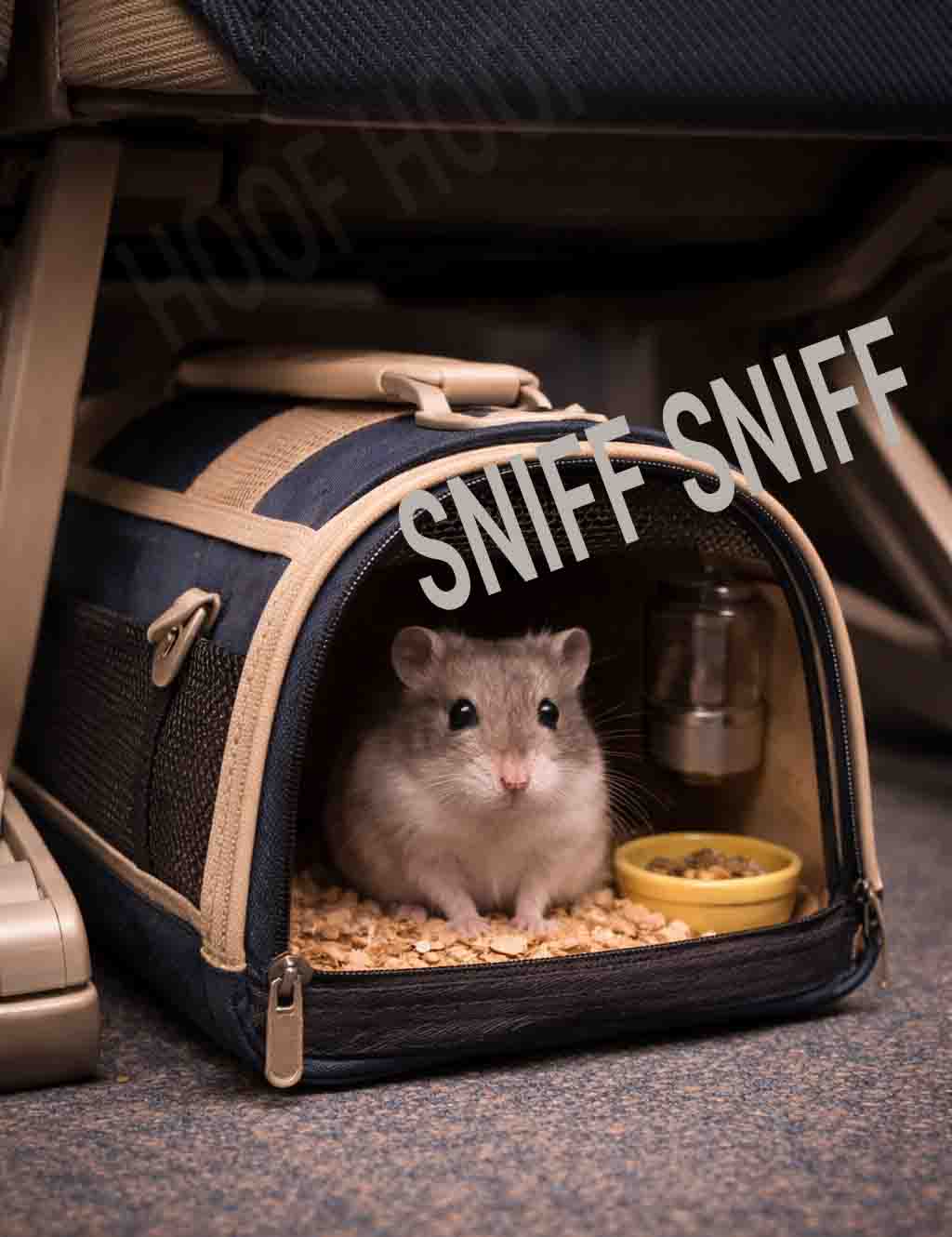 A small hamster sits inside a pet carrier under an airplane seat