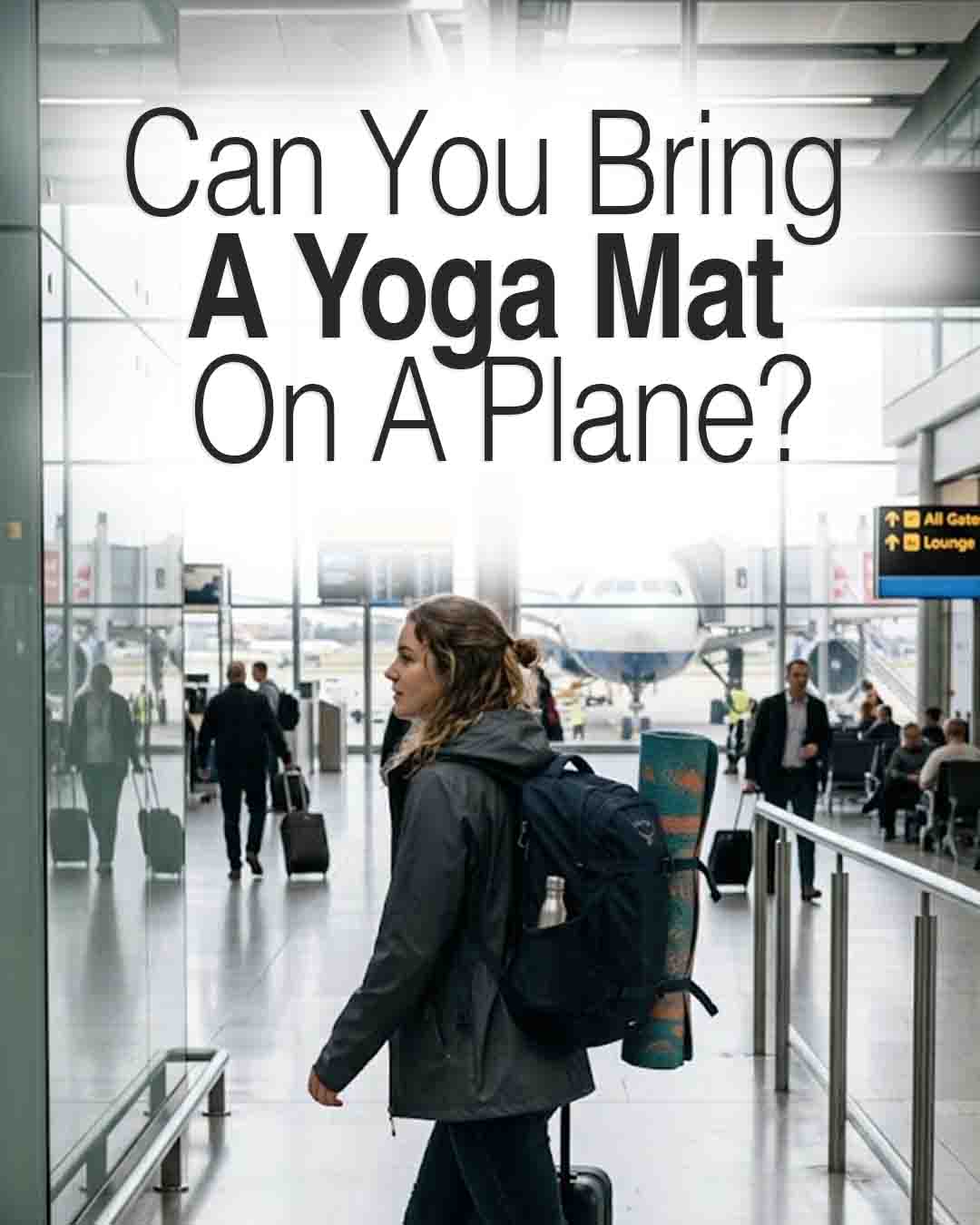 Traveler with a backpack and rolled yoga mat walking through an airport terminal with the text “Can You Bring A Yoga Mat On A Plane?” displayed above