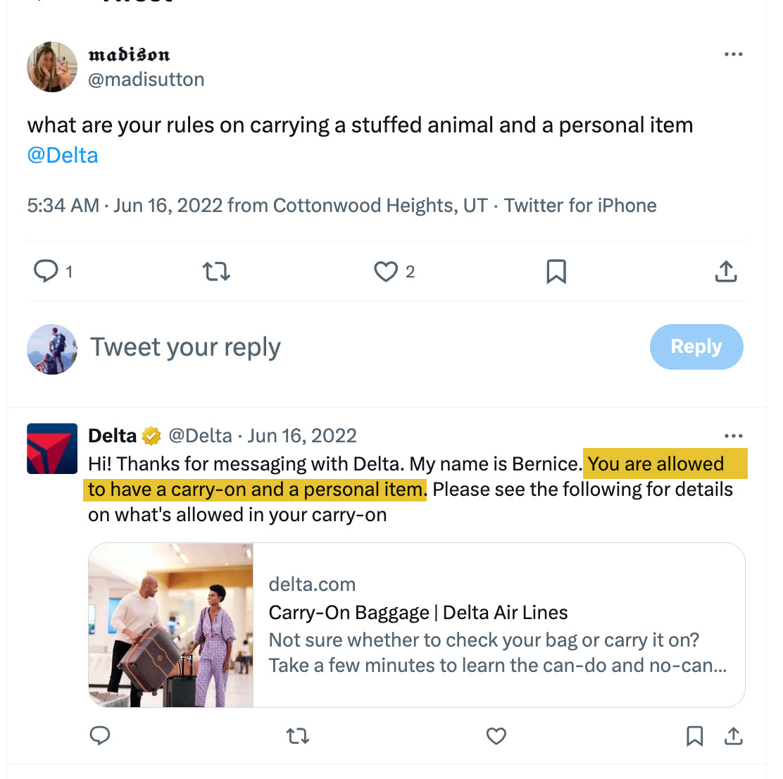 An exchange on X where @Delta confirms that a stuffed animal can be carried along with a standard carry-on and personal item, directing the user to their website for baggage details.