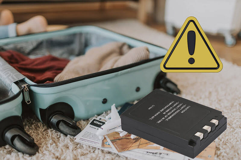 open suitcase with a lithium battery and a large warning sign overlay. It is a visual caution about packing lithium batteries in luggage, especially given the fire risk they pose during travel