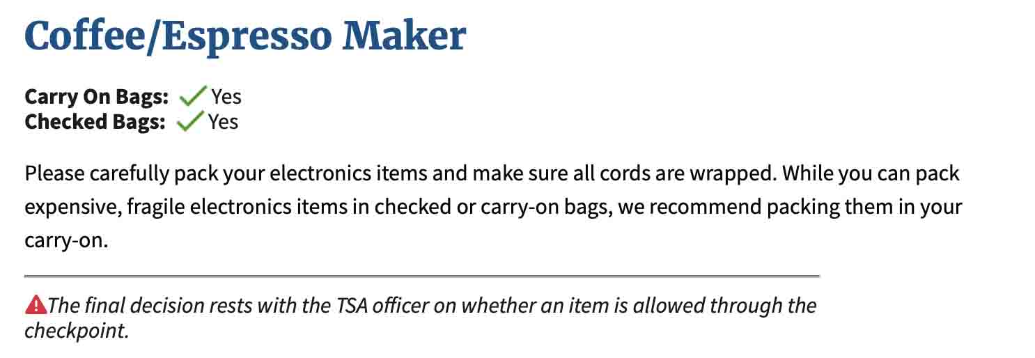 Screenshot from TSA west for taking a coffee maker on carry-on and checked bags 