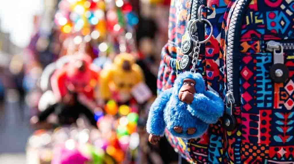 A medium-close up of a brightly pattern backpack with a plush blue monkey keychain hanging off the side