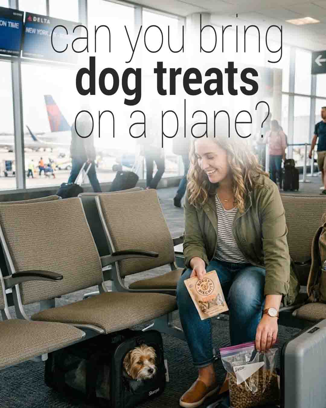 Woman at an airport with a dog in a carrier and a bag of dog treats