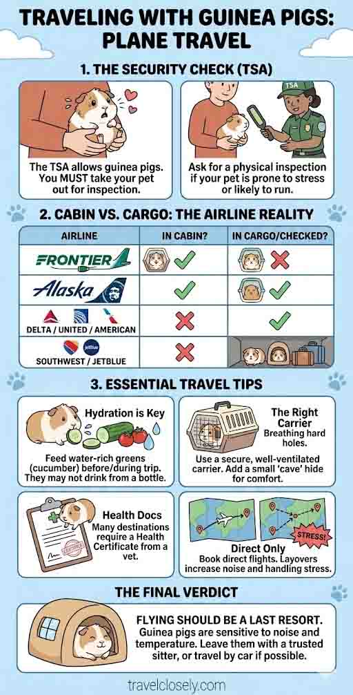 Infographic about airline travel for guinea pigs. Features TSA rules, airline comparison, and tips