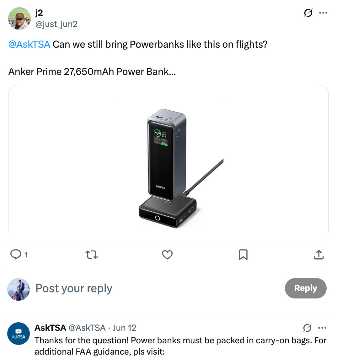 Travel guideline showing power banks with lithium-ion batteries must be carried in hand luggage and are not allowed in checked bags