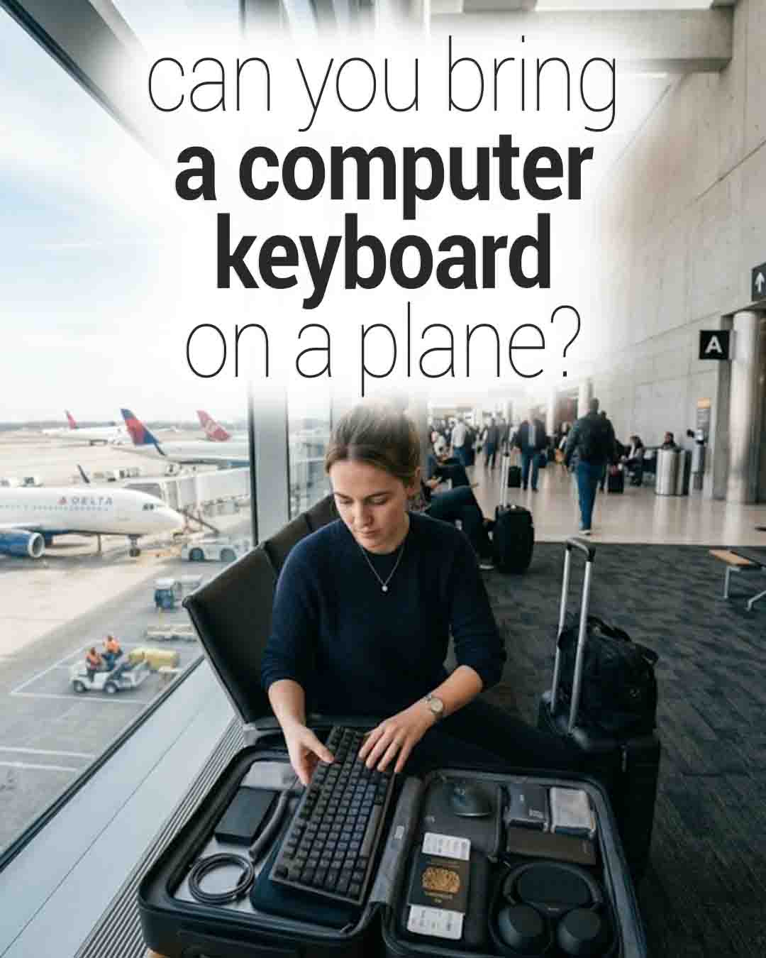 Traveler seated in an airport terminal packing a computer keyboard into an open carry-on suitcase