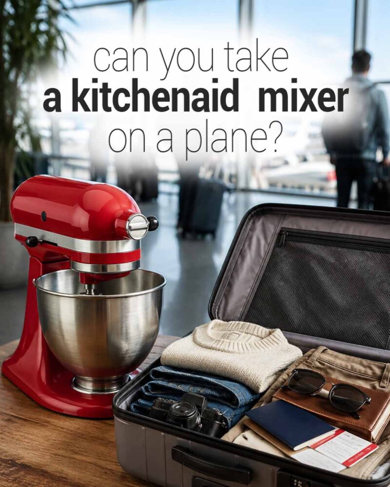 Red KitchenAid stand mixer beside an open suitcase at an airport terminal with the text "Can you take a KitchenAid mixer on a plane?"