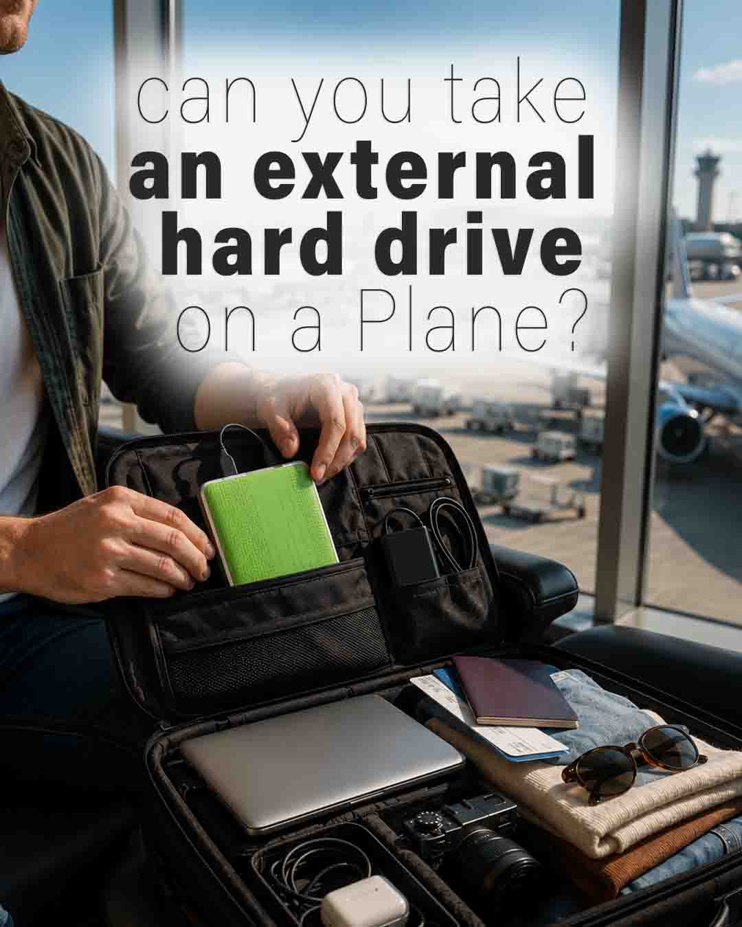 Traveler packing a green external hard drive into a carry-on suitcase at an airport terminal