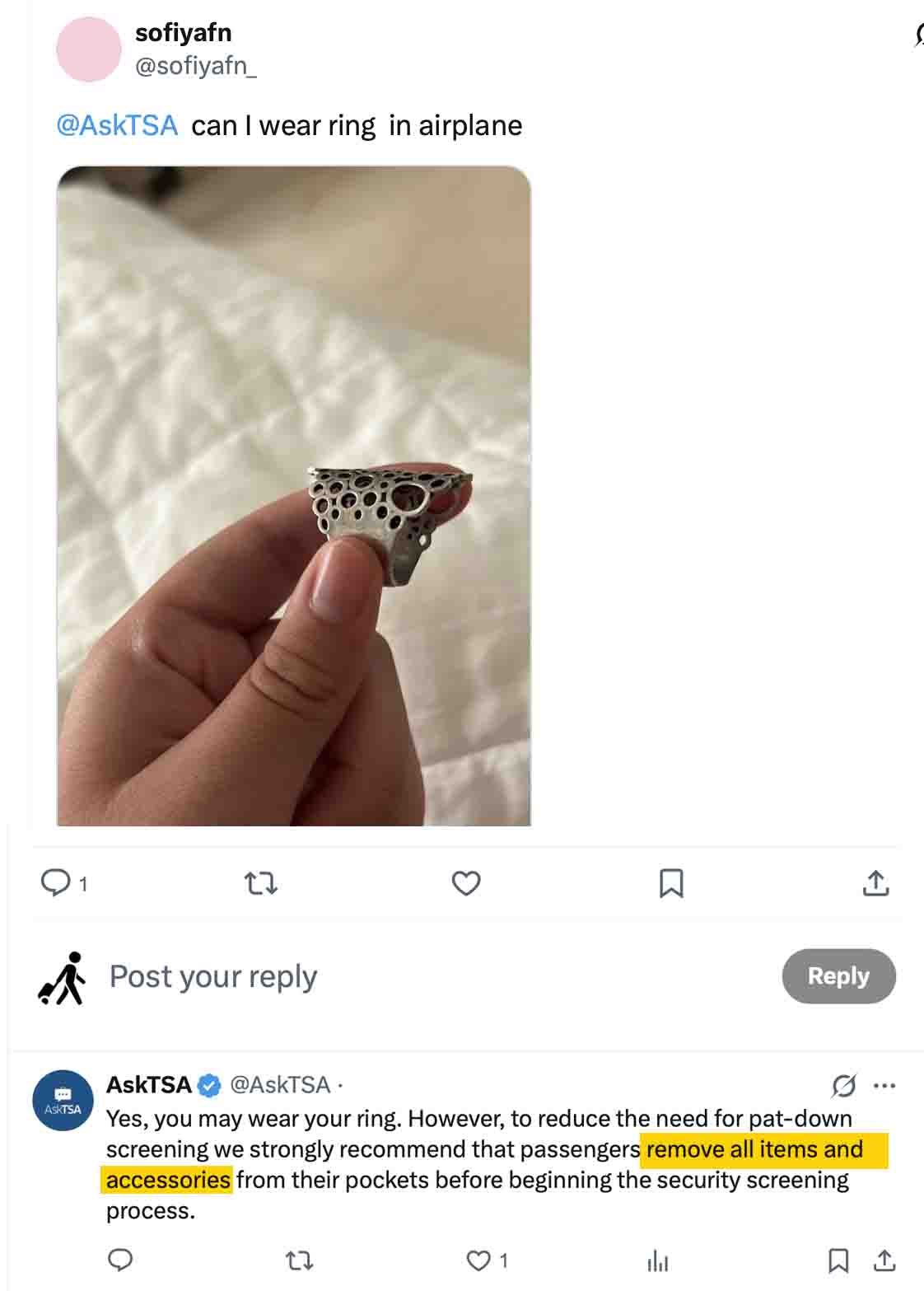 Screenshot of a post asking if a ring can be worn on a plane, with a reply saying rings are allowed but items may need to be removed at security