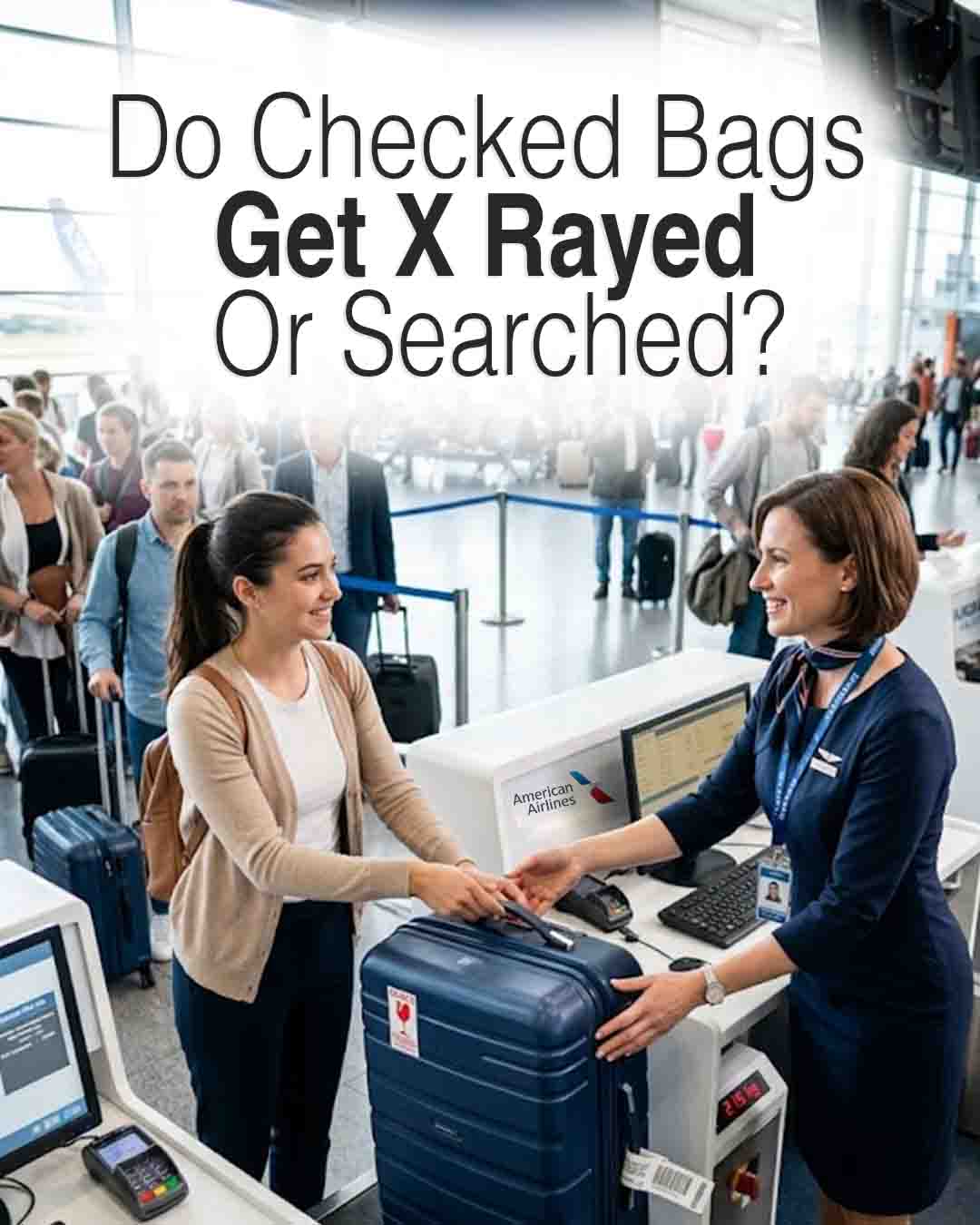 Traveler checking a suitcase at an airport counter with text about bag screening