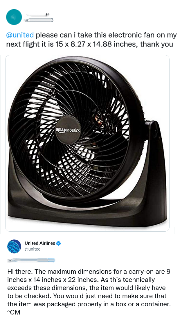 Answer from AskTSA on X about taking an electronic fan on a plane 