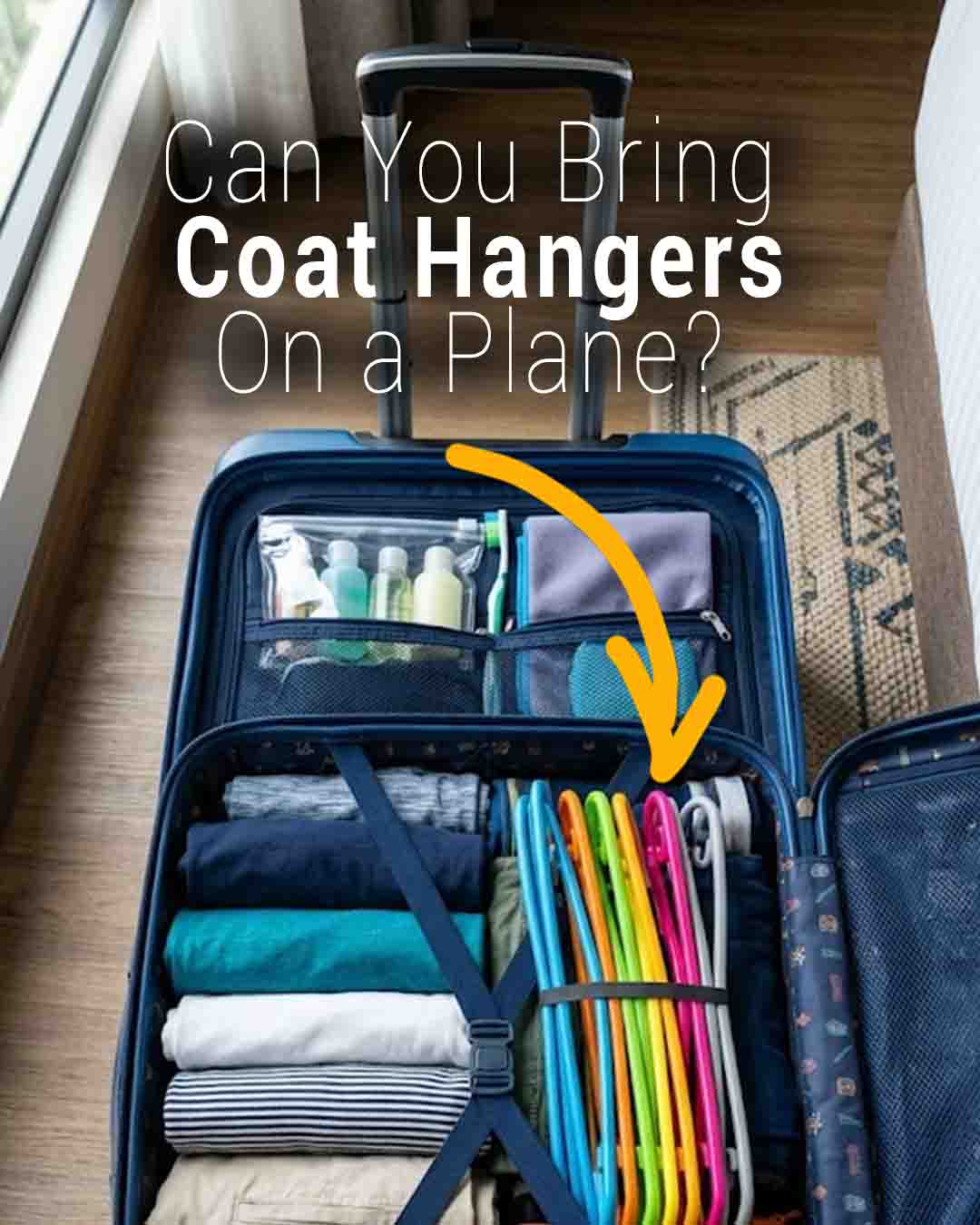 Open suitcase with clothes and colorful coat hangers inside, with travel question text