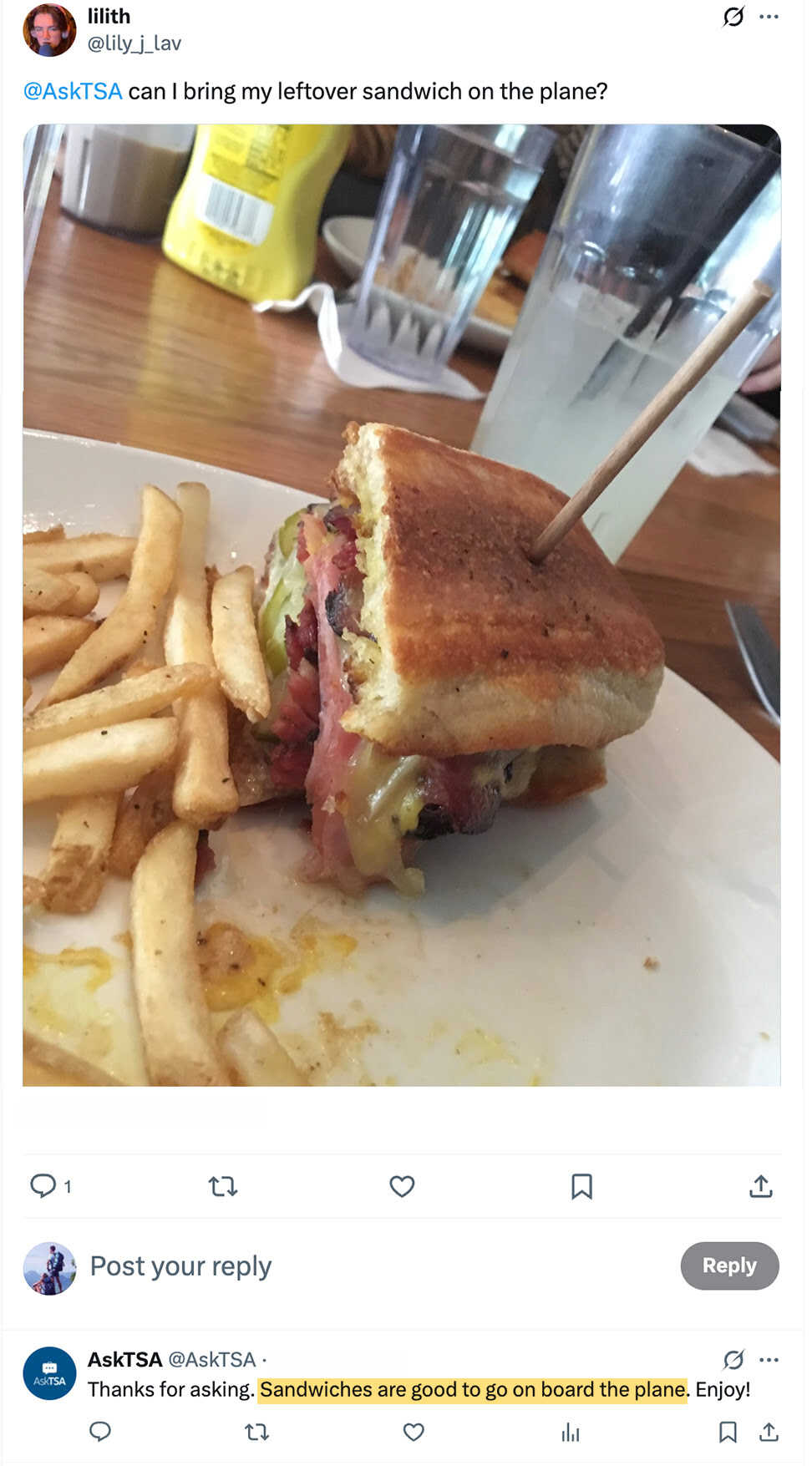 a TSA Twitter response confirming that sandwiches are allowed on planes, shown with a photo of a leftover sandwich and fries on a restaurant plate.
