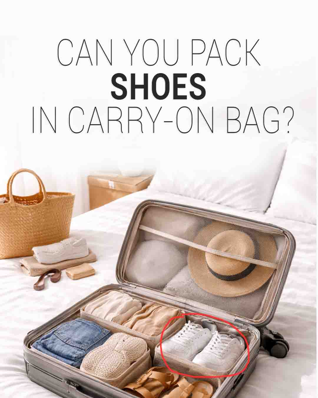 Open carry-on suitcase on a bed with neatly packed clothes, hat, and a pair of white sneakers highlighted inside