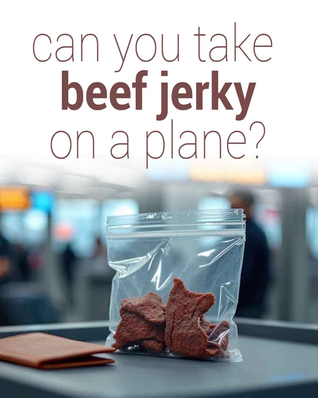 A clear plastic bag of beef jerky placed on an airport security tray, with a blurred airport checkpoint in the background and text asking if you can take beef jerky on a plane