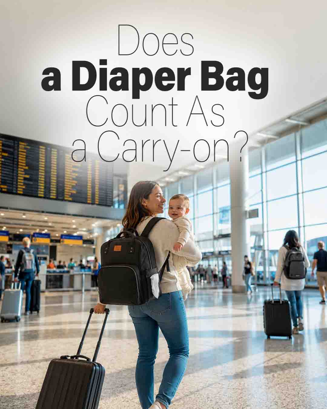 Mother carrying a baby and wearing a diaper bag while walking through an airport with a carry-on suitcase