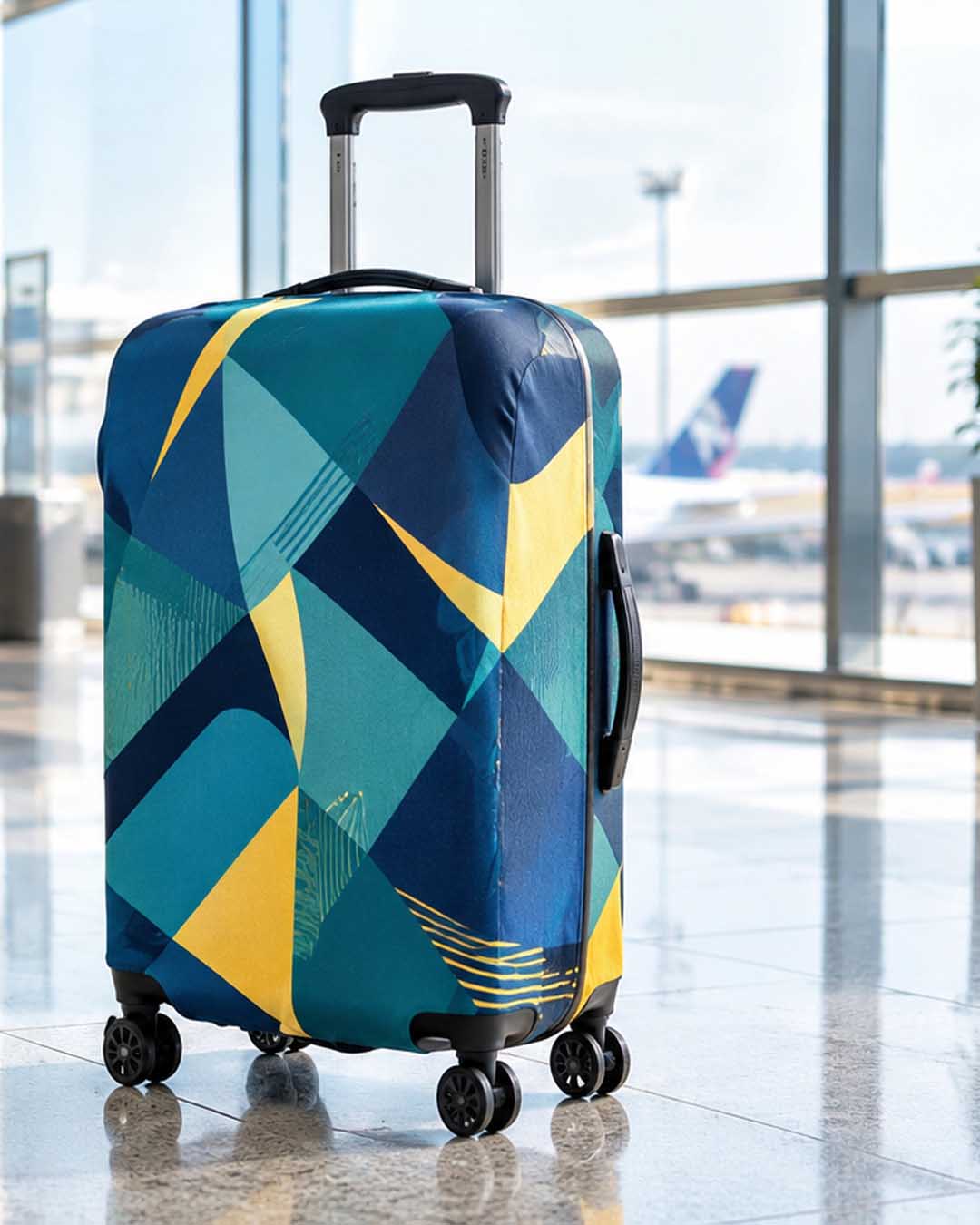Colorful luggage cover on a suitcase in a modern airport terminal