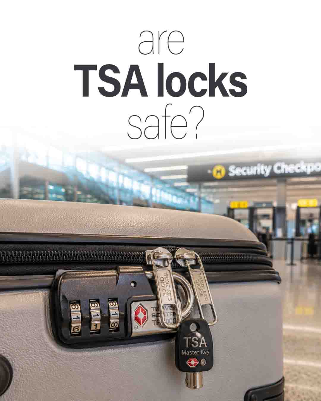 TSA lock and master key on a suitcase at an airport security checkpoint