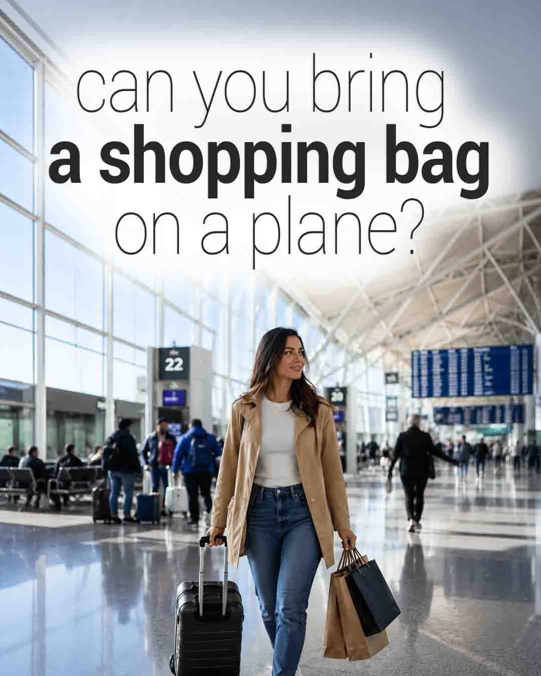 Traveler walking through a bright airport terminal with a rolling suitcase and shopping bags, beneath a large headline asking, "Can you bring a shopping bag on a plane?"