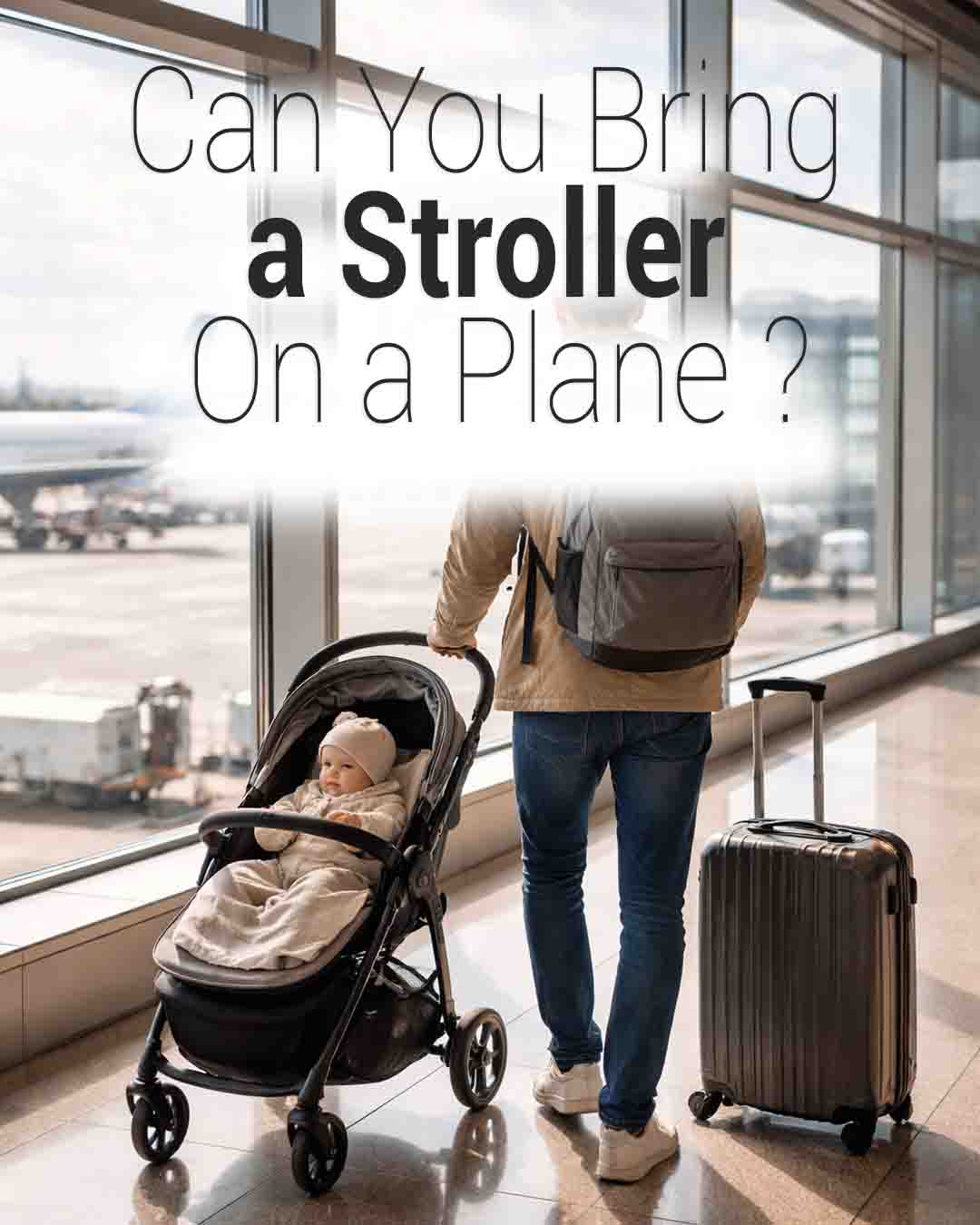 Parent walking through an airport with a baby in a stroller and a rolling suitcase, with text asking “Can you bring a stroller on a plane?”