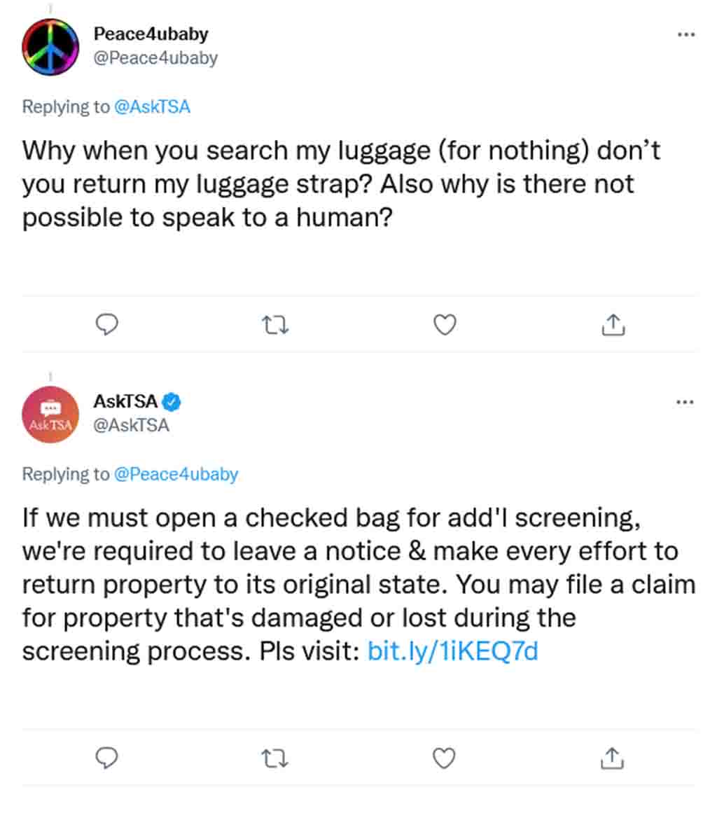 Screenshot of an X exchange where a user complains to @AskTSA about a missing luggage strap afte