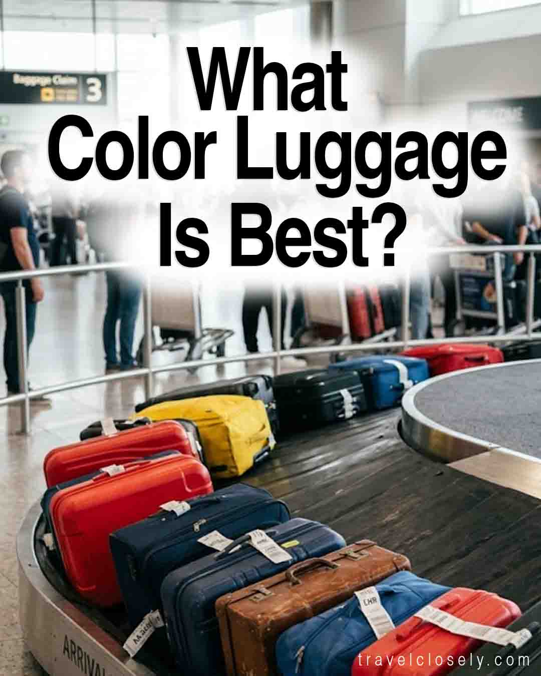 Colorful suitcases on an airport luggage carousel with travelers in the background