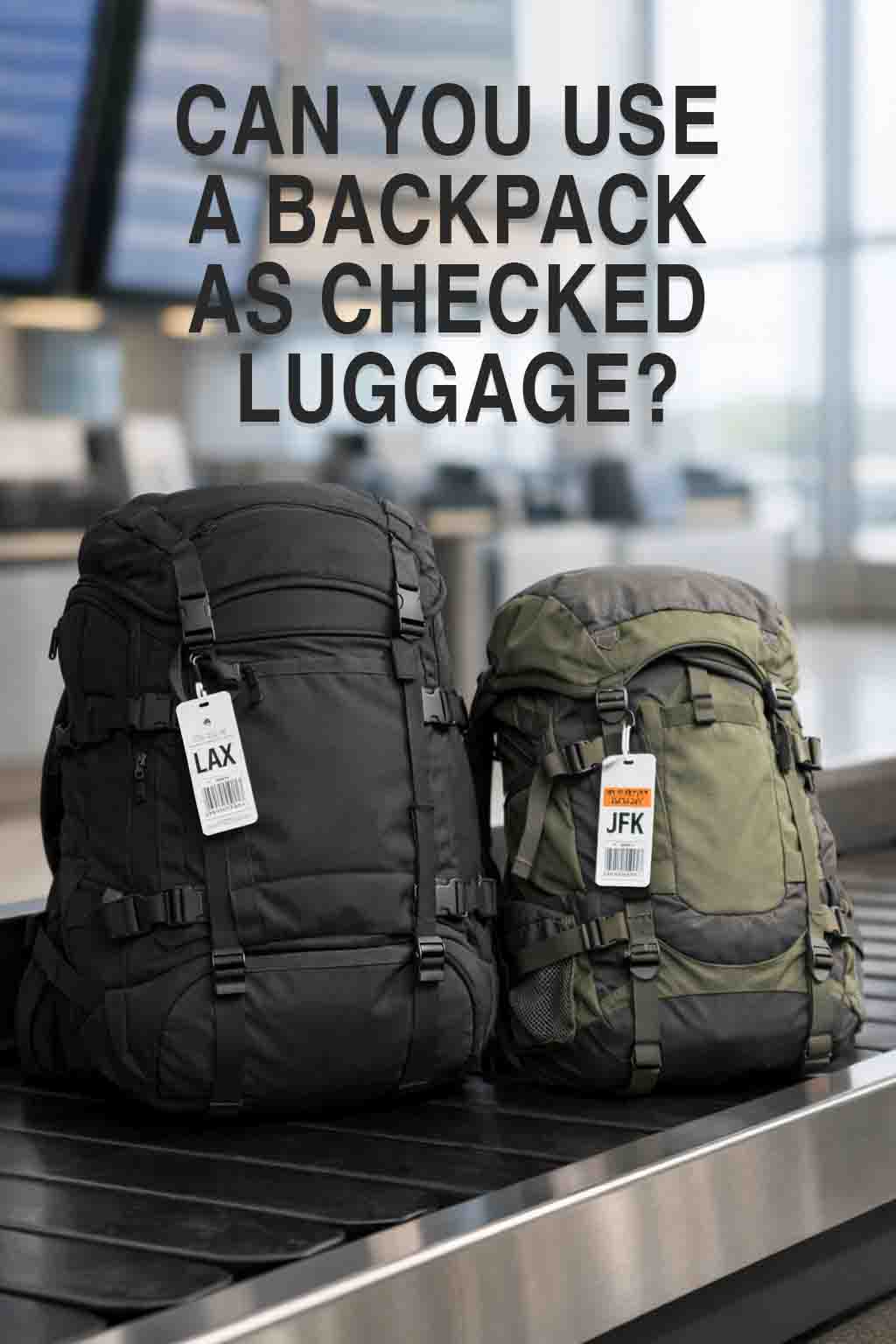 Large travel backpack and hiking backpack on an airport check-in conveyor belt as checked luggage