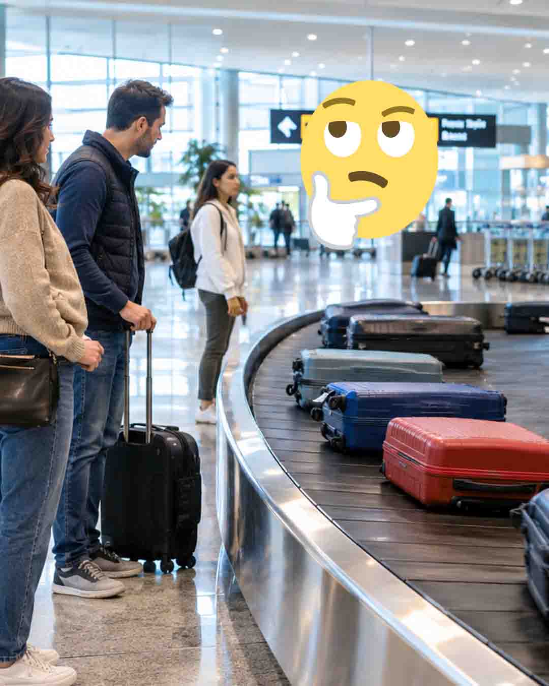 Travelers waiting for their checked luggage at an airport baggage claim carousel with red, blue, gray, and black suitcases