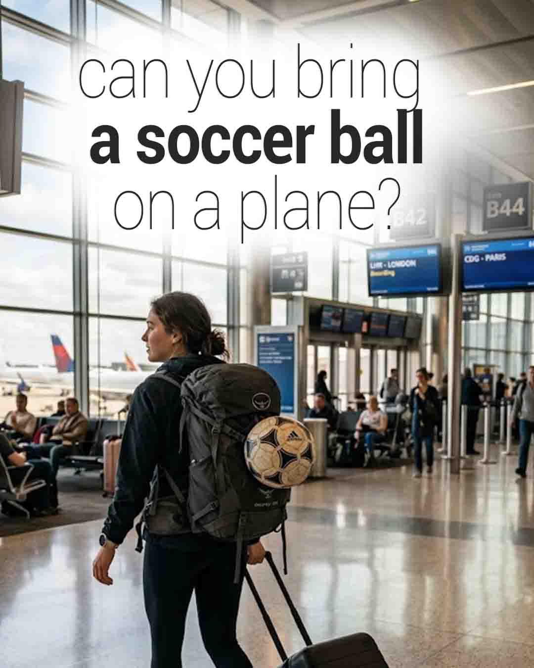 Traveler with a soccer ball attached to a backpack walking through an airport terminal with text asking if you can bring a soccer ball on a plane