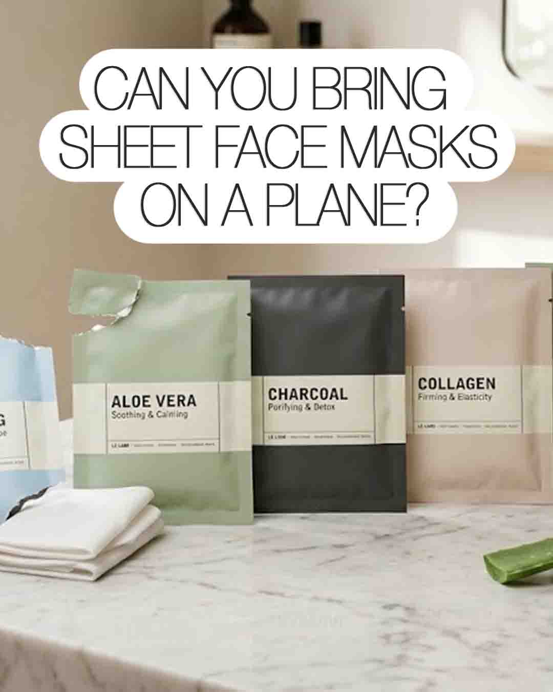 Sheet face masks in aloe vera, charcoal, and collagen packaging