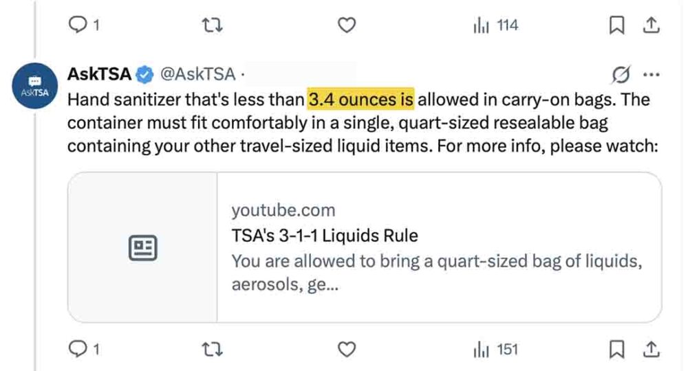 Screenshot of a TSA post stating that hand sanitizer under 3.4 ounces is allowed in carry-on bags