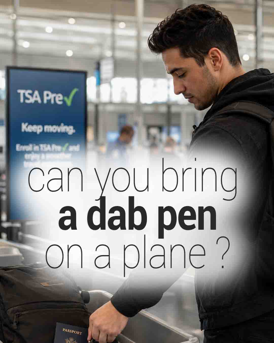 Man at an airport TSA security checkpoint placing a bag in a screening tray with text asking, “Can you bring a dab pen on a plane?”