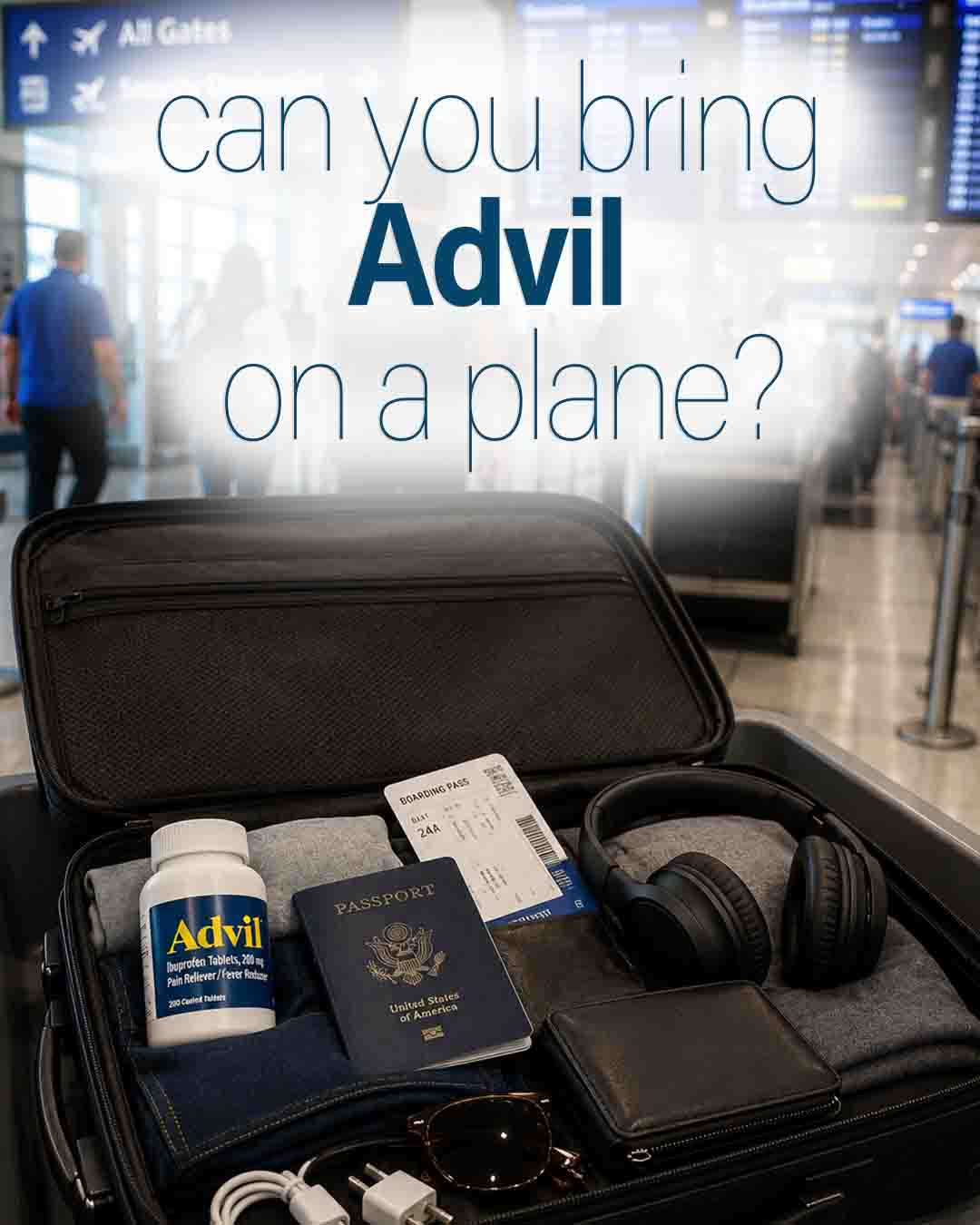 Open carry-on suitcase at an airport security checkpoint with an Advil bottle and travel essentials