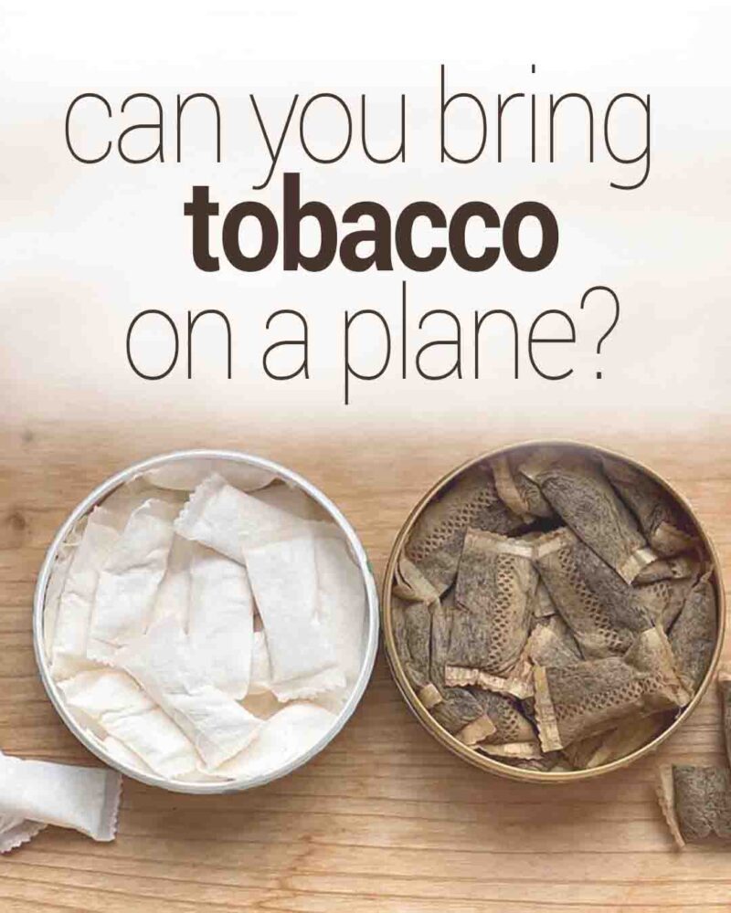 Graphic with text “Can you bring tobacco on a plane?” above two open tins showing different types of tobacco pouches on a wooden surface