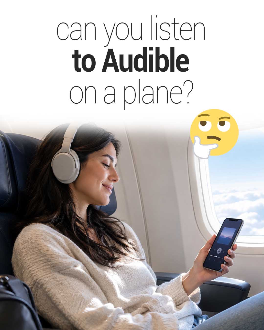 Woman wearing headphones and listening to Audible on a plane