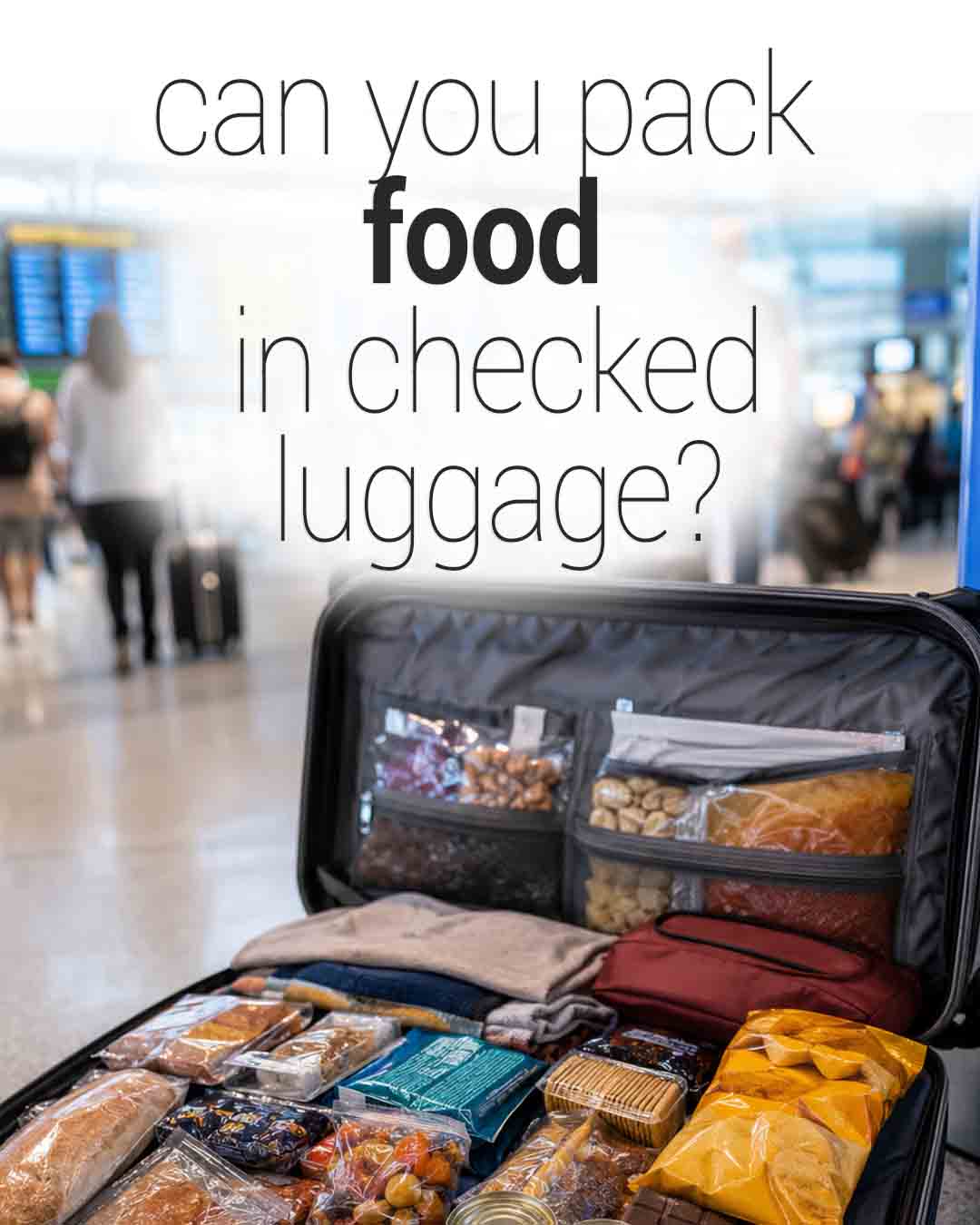 Open suitcase packed with snacks and food at an airport terminal with text asking, "Can you pack food in checked luggage?"