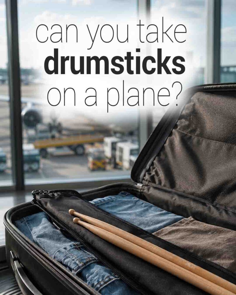 Drumsticks packed in a suitcase at an airport terminal